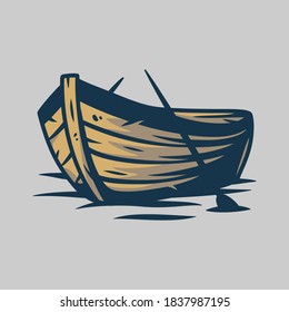 Wooden boat on waves or on the shore with paddles vector illustration isolated on white background