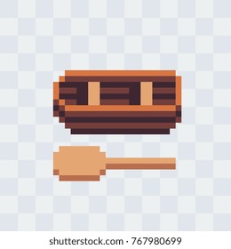 Wooden boat and paddle icon. Pixel art. Game assets. 8-bit. Isolated abstract vector illustration.