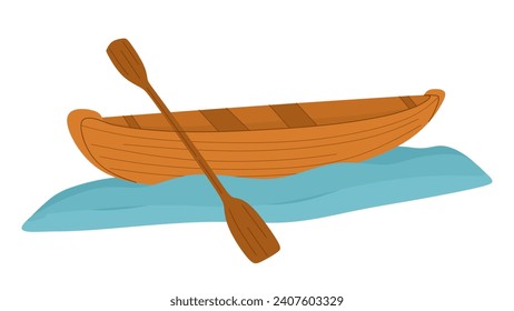 Wooden boat with paddle on water. Colored flat illustration of wood canoe for river trip. Hobby and fishery. Touristic rowing transport isolated on white background. Vector illustration