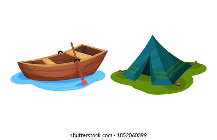 Wooden Boat with Paddle and Tent Vector Set