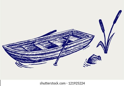 Wooden boat with paddles. Doodle style