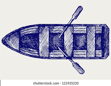 Wooden boat with paddles. Doodle style