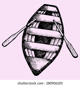 Wooden boat with paddles, doodle style, sketch illustration