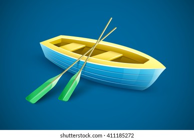 Wooden boat with paddles for fishing or kayaking extreme sports and entertainment vector illustration. transport icon, sport equipment.