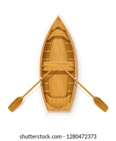 Wooden boat with paddles for fishing. River and marine transportation equipment. Nautical float with oar. Isolated white background. EPS10 vector illustration.