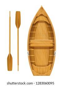 Wooden boat with paddles for fishing. River and marine transportation equipment. Nautical float with oar. Isolated white background. EPS10 vector illustration.