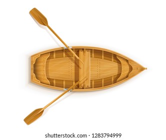 Wooden boat with paddles for fishing. River and marine transportation equipment. Nautical float with oar. Isolated white background. EPS10 vector illustration.