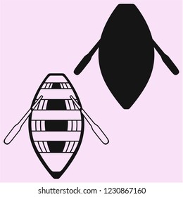 Wooden boat with paddles, vector silhouette isolated