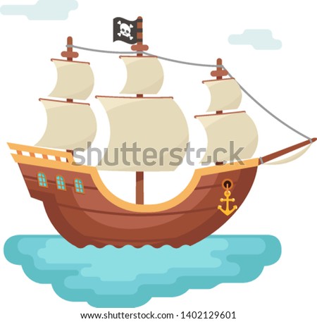 Wooden boat pirate buccaneer sailing filibuster bounty corsair journey sea dog ship game isolated icon cartoon flat design vector illustration ストックフォト © 