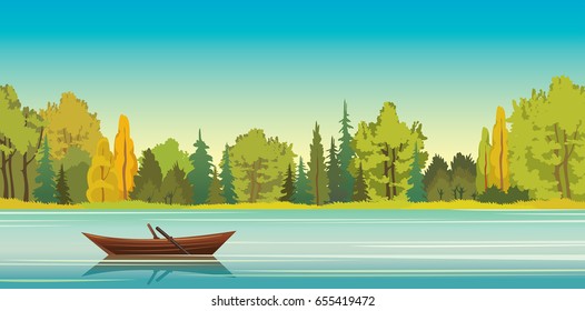 Wooden boat with reflection at the calm lake and green forest on a blue sky background. Vector autumn landscape. Nature illustration.