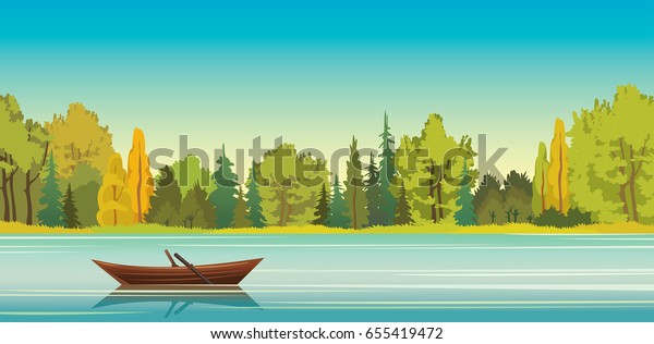 青い空の背景に静かな湖と緑の森に反射する木のボート ベクター画像の秋の風景 自然のイラスト のベクター画像素材 ロイヤリティフリー