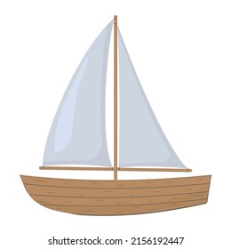 Wooden boat with sail color vector illustration in cartoon style on a white background.
