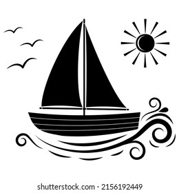 Wooden boat with sail stencil icon, vector illustration on white background.