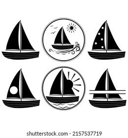 Wooden boat with sail stencil icon, vector illustration on white background.