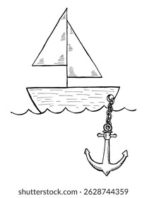 Wooden boat sailing with anchor at sea hand-drawn vector cartoon illustration.