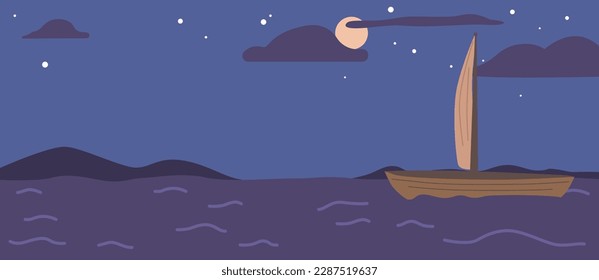 Wooden Boat With Sails Float At Night Ocean Under Starry Sky With Shining Full Moon Above Sea With Rocks