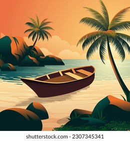 Wooden boat at Sunset lake with beautiful panoramic vector landscape 