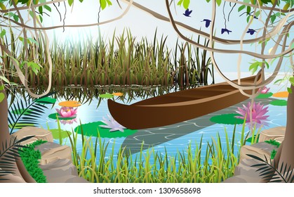 Wooden boat in the swamp