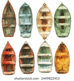 Wooden boat top view vector illustration isolated on white background, watercolor illustration