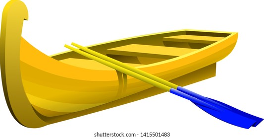 wooden boat for travel and tourism or fishing made of yellow boards with plastic oars, color vector illustration isolated on a white background in clip art style