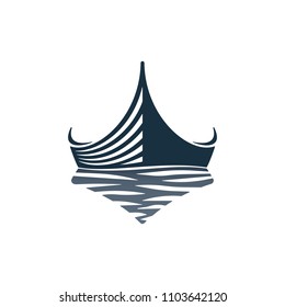 Wooden boat and waves on white background. Vector illustration icons.