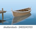 A Wooden Boat White Capping and Stem beside the Pier, realistic vector illustration isolated, eps