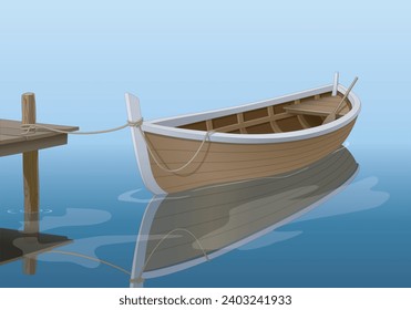 A Wooden Boat White Capping and Stem beside the Pier, realistic vector illustration isolated, eps