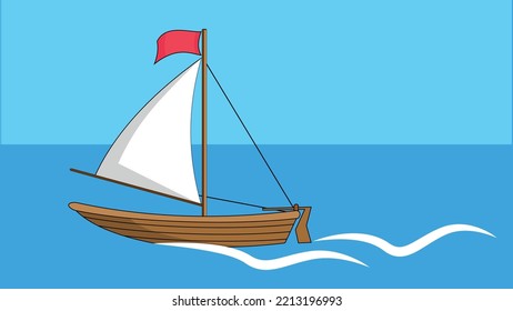 Wooden boat with a white sail floating in the sea