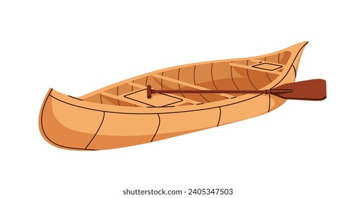 Wooden boat. Wood canoe with paddle. Water vessel for river trip. Traditional touristic rowing transport in vintage style. Flat vector illustration isolated on white background