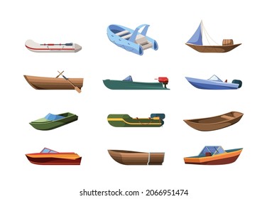 Wooden boats. Sea or ocean transport boats little ships garish vector cartoon water vehicles