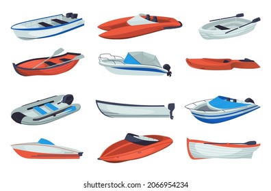 Wooden boats. Small ships for river and lake sailing. Motor travel and fishing vessel without passenger. Inflatable rubber motorboat. Isolated rowboat mockup. Vector water transport set
