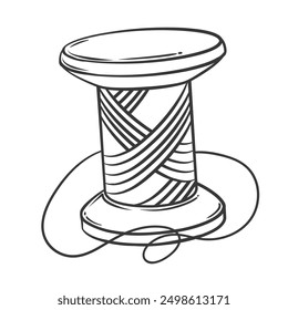 Wooden bobbin of thread line icon. Hand drawn retro cylinder spool with cotton or silk string for needlework. Sewing, haberdashery mascot, doodle reel of thread to sew icon vector illustration