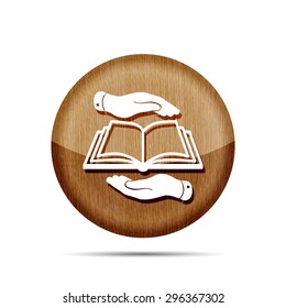 wooden book icon in flat hands - vector illustration