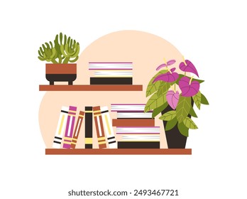 Wooden book shelf with flowers in pots. Vector flat illustration isolated. Macrame style interior decoration. Cartoon beautiful blossom anthurium and succulent