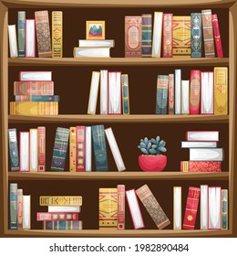 Wooden bookcase with books. Book spines in retro style.