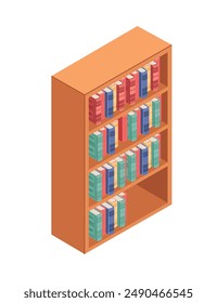 Wooden bookcase with books. Hardcover books in big shelf. Isometric vector illustration isolated on white background