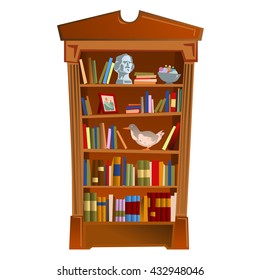 Wooden bookcase with books isolated on white background. Vector cartoon close-up illustration.