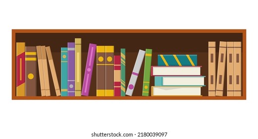 Wooden bookcase with books of library or bookstore isolated on white background. Book shelf with multicolored books spines. Education and knowledge, studying and learning. Vector illustration