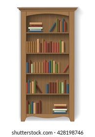 Wooden bookcase with books on the shelves. Furniture for library or cabinet. Element of interior decoration - detailed vector isolated.