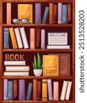 Wooden bookcase with books. Vector