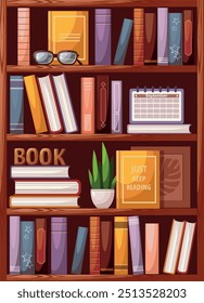 Estantería de madera con libros. Vector