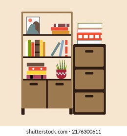 Wooden bookcase with colorful books. The books are laid out on the shelves. Bookstore or library concept. Cartoon vector Illustration.