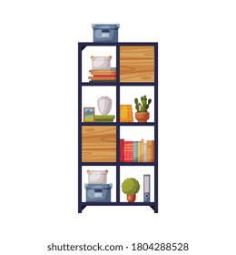 Wooden Bookcase Cozy Room Interior Design Element, Comfy Furniture and Home Decoration Accessories Vector Illustration on White Background