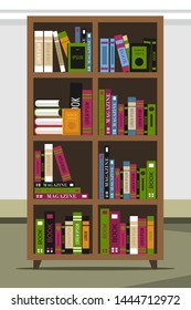 Wooden bookcase flat vector illustration. Bookstore, library interior piece. Cabinet, archive furniture item. Bibliophile collection, wisdom storage. Vintage bookshelf with various books, literature
