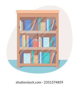 Wooden bookcase for home library vector illustration. Books and textbooks in drawer for students studying at school or college. Education, literature, back to school concept