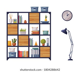 Wooden Bookcase, Lamp and Clock, Cozy Room Interior Design, Comfy Furniture and Home Decoration Accessories Vector Illustration