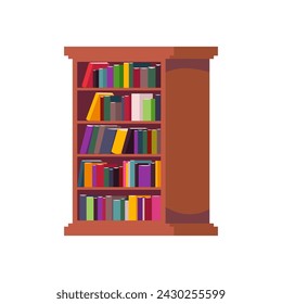 Wooden bookcase with many different colorful books. Flat isolated illustration ideal for concept use in a library, bookstore or office. Shelves with books.