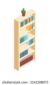 Wooden Bookcase For School Library Living Room Interior 3d Isometric Vector Illustration