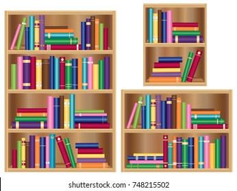 Wooden bookcase set with bright and colorful books