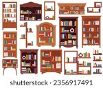 Wooden bookcases, cabinets, shelves furniture with literature books collection and other items for bookstore, school classroom and home or public library room interior design vector illustration